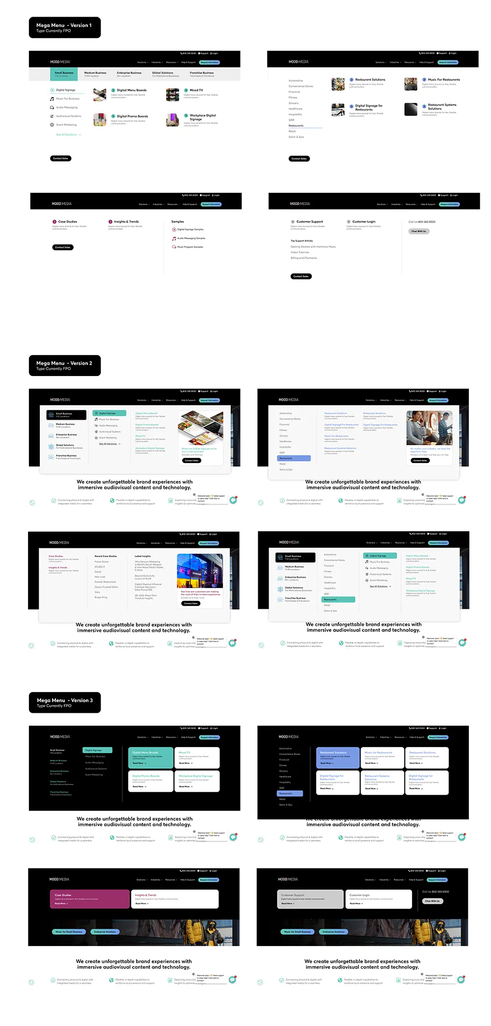 Mood Media mega menu design prototypes