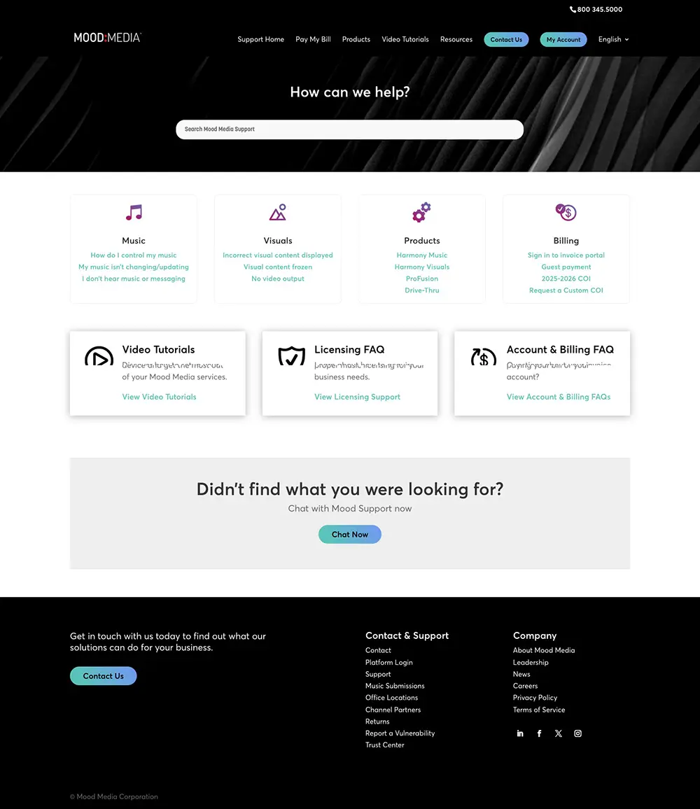 Mood Media Support site home page