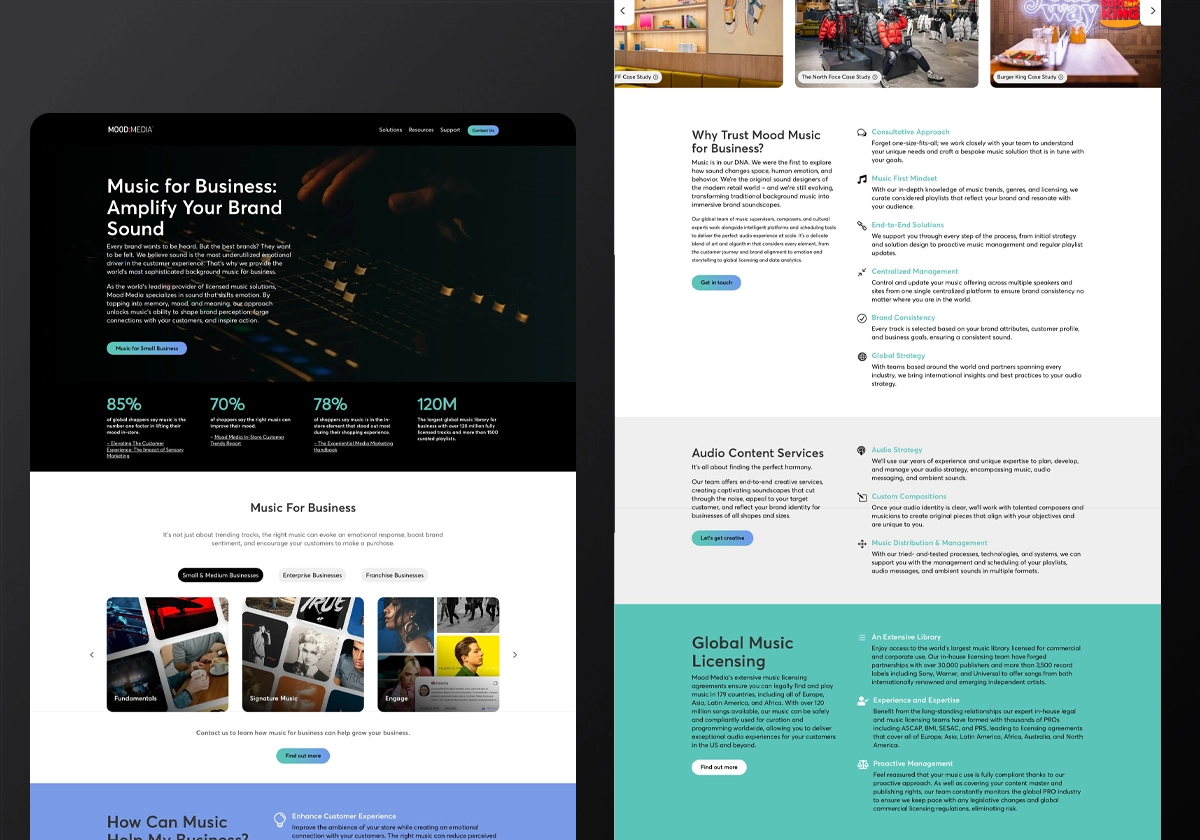 Mood Media Website Design System - Solutions Page - music
